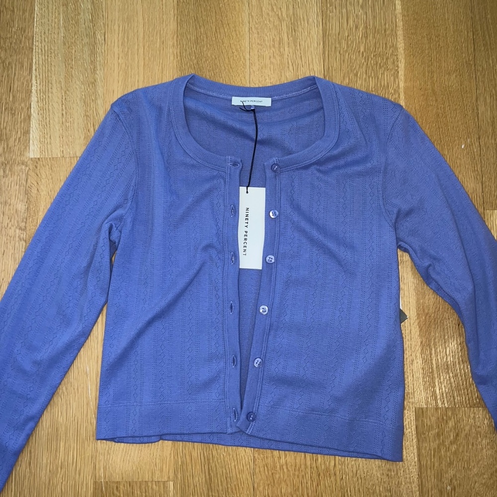 NINETY PERCENT Organic Cotton Pointelle Crew Neck Cardigan